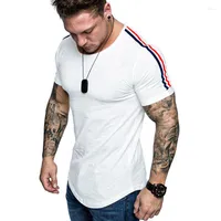 Erkek Tişörtleri Kısa Kollu Omuz Strip T-Shirt Sokak Giyim Hip-Hop Yaz tarzı Erkek Fitness Spor Kavisli Kem Boy Boyu M-5XL