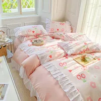 침구 세트 낭만적 인 핑크 공주 스타일 로터스 레이스 세트 플로럴 이베트 덮개와 여자 소녀 침대 스프레드 3/4pcs를위한 베개 시트