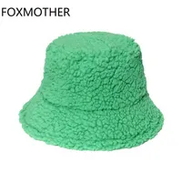 Beanie Skull Caps FOXMOTHER Winter Warm Caps Outdoor Lamb Warm Thicken Plain Color Green Fluffy Bucket Hats Women Men Panama T221020