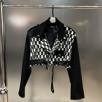 Women&#039;s Leather PREPOMP 2022 Autumn Arrivals Black White Plaid Turn Down Collar Pu Faux Jacket Punk Style Coat GG191