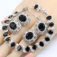 Necklace Earrings Set Arrival Silver Color For Women Black Semi-precious Pendant Ring Bracelet Christmas Gift