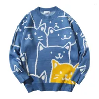 Sweaters masculinos Kniteed para hombres Autumn Cartoon Cat Corean Fashion Mode Tops Loose Casual Streetwear Ropa Vintage Pareja Séter