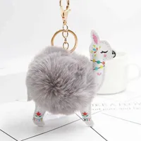 Keychains Fluffy Fur Ball Cute Alpaca Keychain Animal Keyring Charm Chaveiros Artificial Conejo Pompom Key Chain Women Jewelry G221026