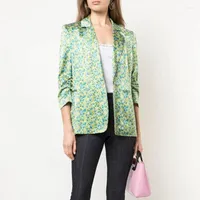 Kadınlar Suits Twill Silk Crepe de Chine Satin Wildflower Blazer Taze Bahar 3/4 Ruches Sleve Button Çiçek Baskı Özel Ceket
