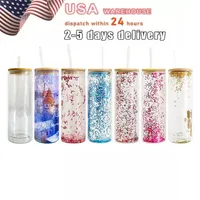 USA Warehouse Sublimation Mugs 25oz Glass Tumbler Juice Can Double Wall Mug Snow Globe with Bamboo Lid Plastic Straw Cup With Hole 1027