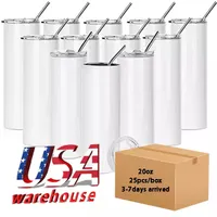 US Local Warehouse 25pcs/carton Straight Sublimation Mugs Tumblers 20 oz Double wall stainless Steel Insulated Tumbler With Plastic Straw Lid cups blank Mug GT1027