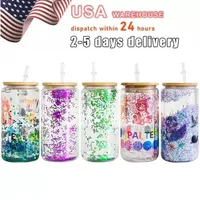 US Warehouse Sublimation Glass Tumbler 16oz 25oz Double Sigle Wall Snow Globe Cup Blanks Bamboo Lid Beer Can Glass Mason Jar Mug With Plastic Straw 1024