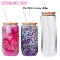 US warehouse 16oz 25oz Sublimation tumblers double wall snow globe Glass Can Creative Sequins tumblers shape Bottle with Lid and Straw Mason Jar Juice Cup 1027