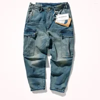 Pantalones de jeans masculinos pantalones de nueve minutos para hombres sueltos pequeños rectos retro jeans estiramientos pesados ​​viejos.