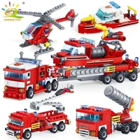 Blokkeert Huiqibao 348PCS Fire Fighting 4in1 Trucks Car Helicopter Boat Building Builds City Firefighter Figuren Man Bricks Children Toys 221027