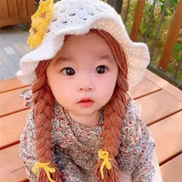 Hats Caps Handmade Knitted Baby Girl Wig Infant Wigs Brades Kid Crochet With Plaits Bebe Photography Props Headwear 1-6 Yrs L221028