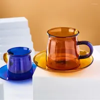 Filiżanki spodki kolorowe retro odporna na ciepło szklana kawa i bestek spodek kreatywny ręcznie robiony herbata woda w herbatę kubek śniadaniowy mleko latte