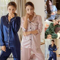 Calças de duas peças femininas 2pcs Mulheres de seda cetim casual solto pijamas sólidos conjuntos de mangas compridas