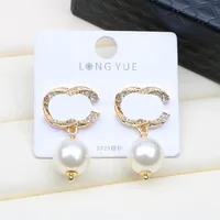 Simple 18K Gold Plated Brand Designer Letter Stud Geometric Famous Women Round Crystal Rhinestone Pearl Earring Wedding Party Jewerlry