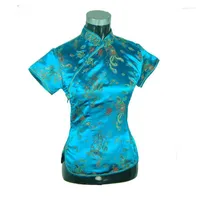 Women's Blouses Stijlvolle blauwe Blauwe Chinese Dames Rayon Shirt Tops Mandarin Collar Blouse Style Nieuwheid Tang Suit maat S M L XL XXL A007-C