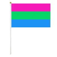 Bandeira portátil de arco -íris de mão 14x21 cm Mini bandeiras de ondulação de polisexualidade de poli -íris com bandeiras de plástico para decoração de desfiles