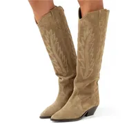 Boots New Natural Suede Leather Boots Thick Heel Retro Western Boots Roman Shoes Women's Cowboy Botas Mujer Pointy Old Embroidery Shoe T221028