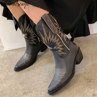 Buty buono scarpe haft haft bots med obcasy retro rycerz buty żeńskie są prawdziwe skórzane botas mujer western cowboy sale buty 2019 T221028