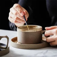Tumblers Retro Pottery Coffee Cup Set Creative Handmade Ceramic Cups With Dish Milk Water Mug Breakfast Mugs Home Tableware Wholesale 221028