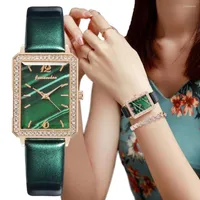 Zegarek proste kobiety mody zielone zegarki skórzane żeńskie kwarcowe zegarek luksusowy diamentowy styl prostokąta montre femme