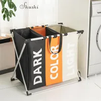 Shushi Waterproof home laundry Basket oxford collapsible laundry basket metal dirty cloth storage Portable laundry organization T200115326K