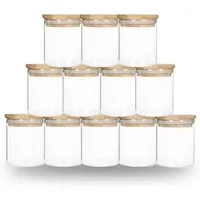DIY SUBLIMAÇÃO DE VIDRO DE COMBLE DE 6 onças lata de vidro com tampa de bambu Recipiente de armazenamento de alimentos de jarramento de alimentos Clear Fosted Home Cozpy Supplies portátil B1030