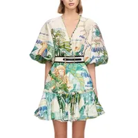 فستان جديد للأزياء الصيفية للسيدات النسائية الأنيقة الزهرية المطبوعة بزر ضئيلة ، فستان سلي