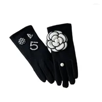 Vijf vingers handschoenen 2022 merkontwerper winterwarmers plus dubbel dikke telefoon wollen wanten bloem zwarte handschoen guanten femme