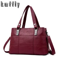 Evening Bags KMFFLY brand women leather handbags women&#039;s shoulder s female messenger large capacity ladies casual tote blackred 221028