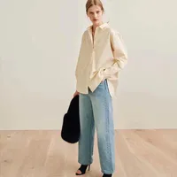 Kadın Tişörtleri Totem Sonbahar Kış Kadınlar Pamuk Gömlek Basit Düz Renk Turn-Dowm yaka Uzun Kol Gevşek Bluz Kadın