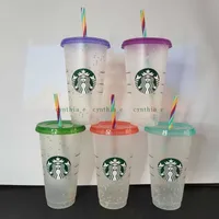 24OZ/710ml Starbucks Sequins Plastic Tumbler Reusable Color-changing Snowflake Rainbow Straw Cup Flat Bottom Cups Pillar Shape Lid Straw Mug