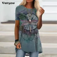 Zomershirt Women Dragonfly Print T -shirt voor vintage o nek korte mouw top dames casual pullovers vrouwelijk t -shirt 220628