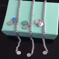 925 Silver Vintage Love Pareja Strands Beads Pulsera Doble Corazones Doble Cadena de 4 mm Pulseras de bola para mujeres Pulseras cl￡sicas azules Desinger TI