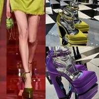 Sandals Luxury Traf Designer Women Platform Shoes Satin Pumps Crystal Chains Thick Heels Point Toe Chaussure Femme Sexy Escarpin