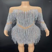 Casual Dresses 7 Colors Fringes Long Sleeves Dress Singer Dancer Sexy Tassel Performance Costume Women&#39;s Stretch Outfit Latin Dance Wear