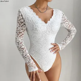 Sexy Lace Bodysuit Black, White, and Red Bodycon Long Sleeve V Neck One Piece Overalls Top Body Suit (Y2K 240820)