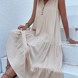 Casual Summer Midi Dress Women Sleeveless Tank V Neck Buttons Ruffle Loose Dresses Beach Soild Sundress Fashion 260709BJ