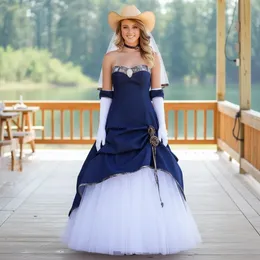 Royal Blue and White Lace Applique A-Line Satin Wedding Dress with Strapless