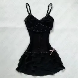 Harajuku Solid Lace Sweet Girly Dresses Elegant Strap Short Sleeve Suspenders Waist Dress Japanese Kawaii Bow Patchwork Clothes 260722