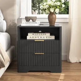 Comodino Con Stazione Di Ricarica USB E Presa - Design Nero E Oro, Cassetto Contenitore - 2