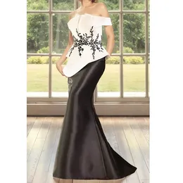 White and Black Satin Lace Applique wedding outfits for mothers with V-Neck and 3/4 Sleeves - A-Line Style for Formal Events, Weddings, Proms, and