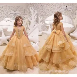Elegant Satin Flower Girl Dresses Gold Junior Bridesmaid Dresses Sunnypetal Gold  Flower Girl Dress Bow Long