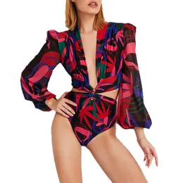 One Piece Swimsuit Sexy Long Sleeve Tropical Print Swimwear Women Bandage Monokini Hollow Out Bathing Suit String Beachwear 240509