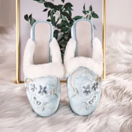 Womens Embroidered Old Beijing Cloth Flat Slippers Soft Bottom