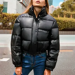 Womens Black PU Leather Cropped Puffer Jacket - Winter Warm