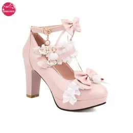 Pink Plush Ball Lace Bow Platform Heels Retro Style Aesthetic