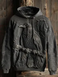 Mens 3D Crow Printed Long Sleeve Casual Drawstring Hooded
