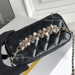 Designer Pearl Chain Black Vanity Bag 17CM Lambskin Leather