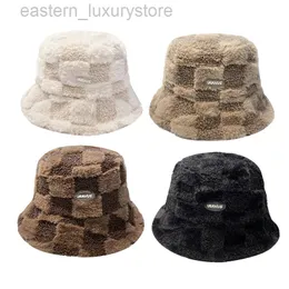 Womens Plaid Faux Rabbit Fur Bucket Hat - Warm Plush Fisherman Cap