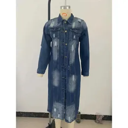 Trendy Ripped Denim Jacket: Womens Long Sleeve Casual Jean Coat - Main Image